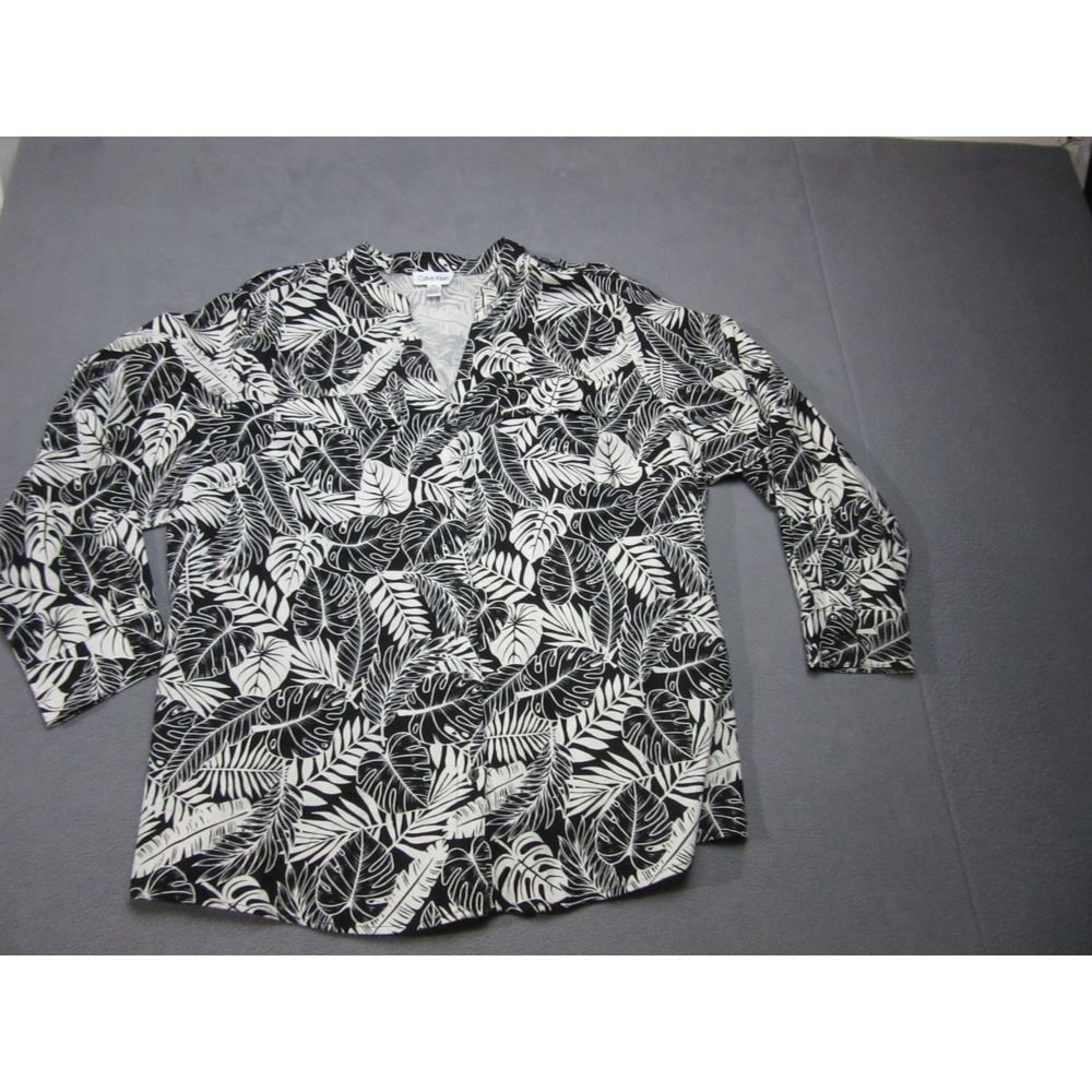 Calvin Klein Shirt Womens 2X Black Linen Tropical Print Roll Tab Sleeve V-Neck